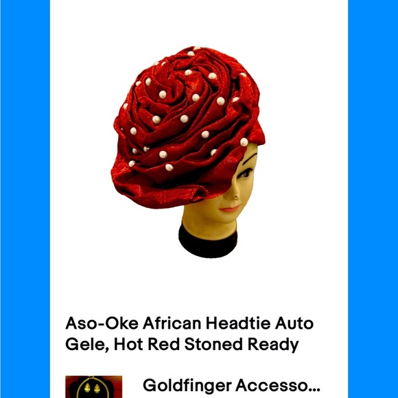 Aso-Oke African Headtie Auto Gele, Hot Red Stoned Ready Made Gele Fabric - Picture 1 of 3